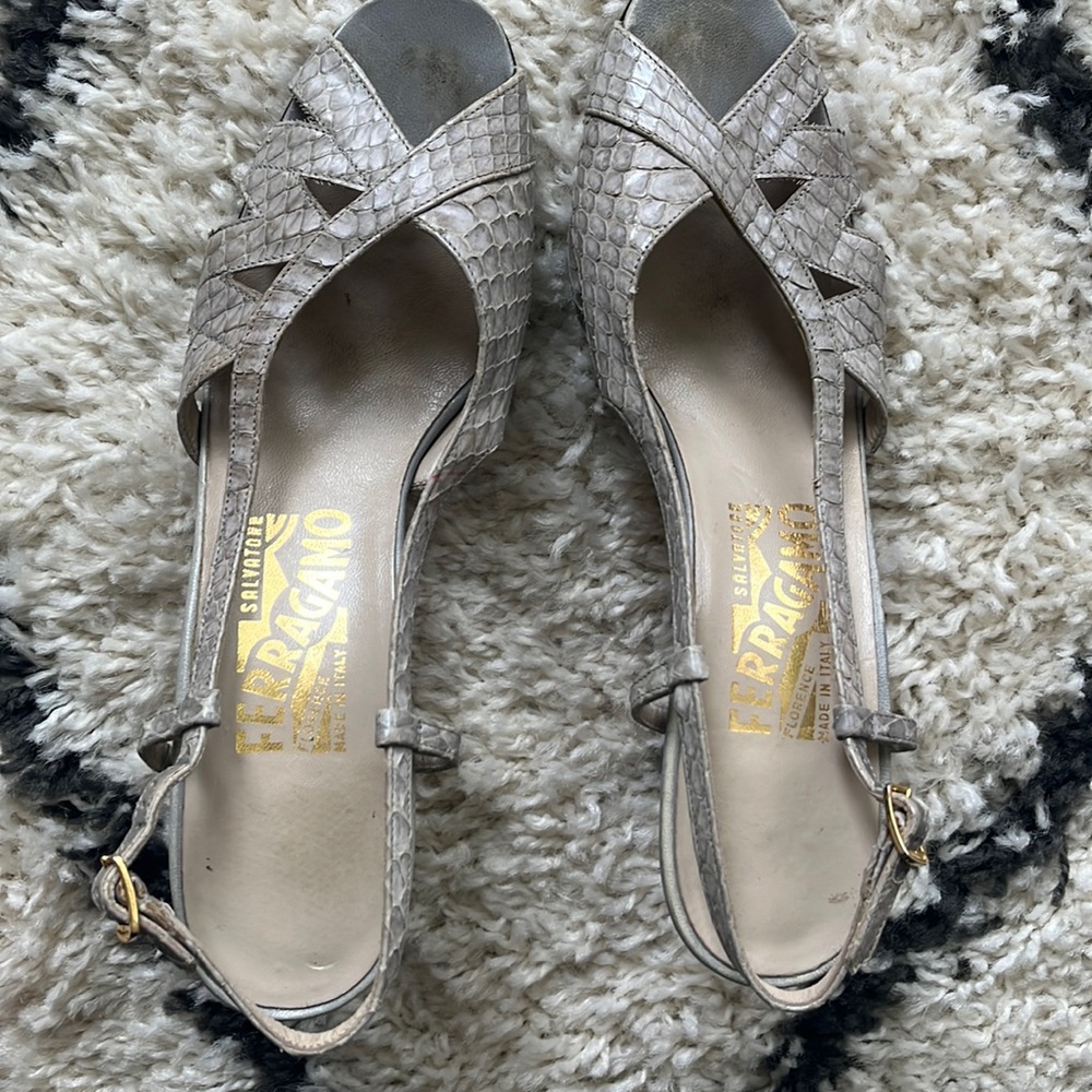 Salvatore Ferragamo heeled sandal. Snake print leather. Size 9 AAA.